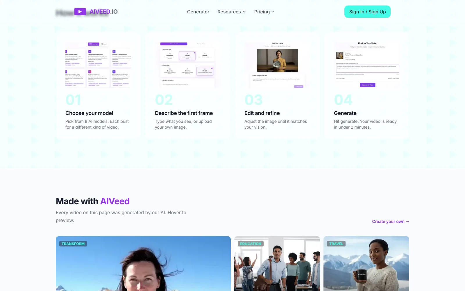AIVeed homepage, further down the page
