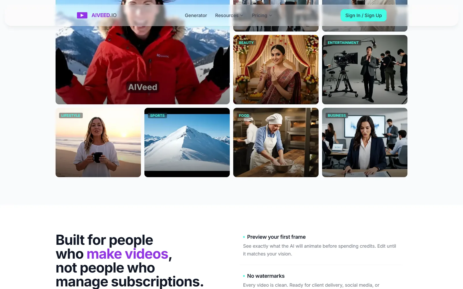 AIVeed homepage, further down the page