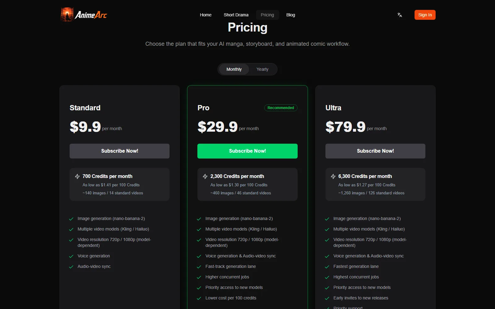 AnimeArc pricing page