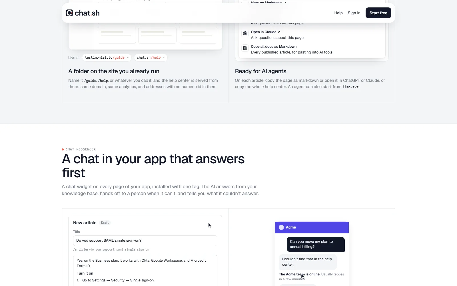 Chat.sh homepage, further down the page
