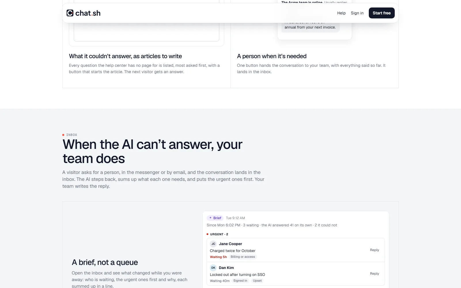 Chat.sh homepage, further down the page