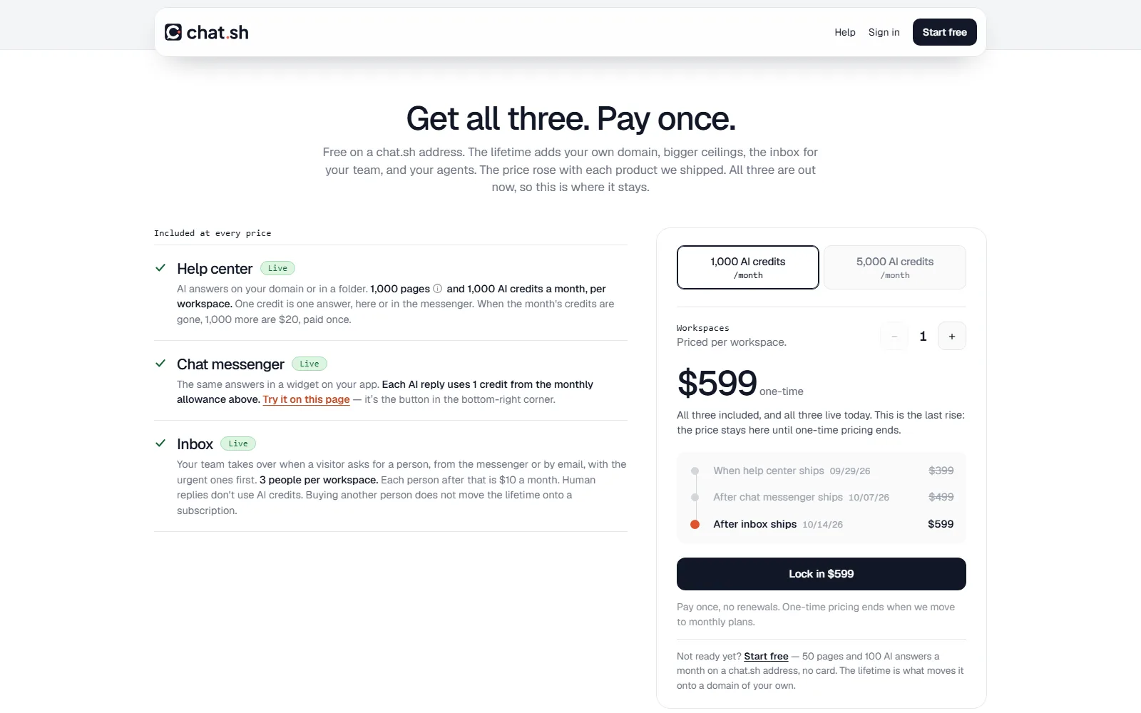 Chat.sh pricing page