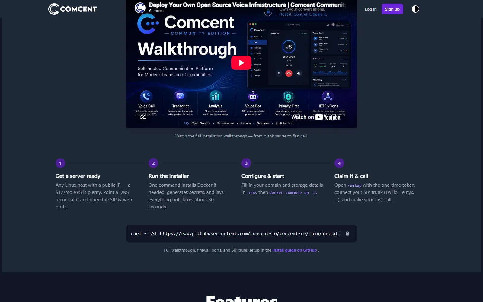 Comcent homepage, further down the page