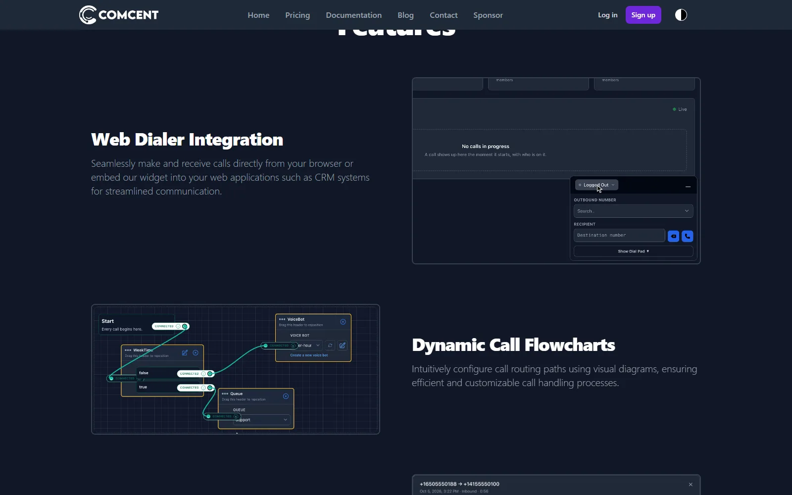 Comcent homepage, further down the page