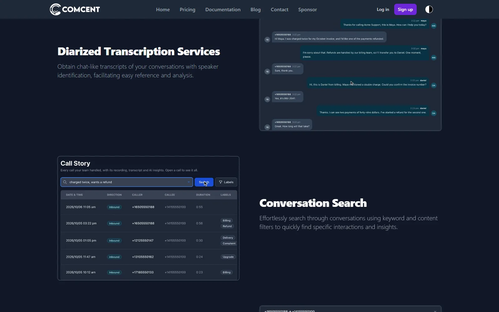 Comcent homepage, further down the page