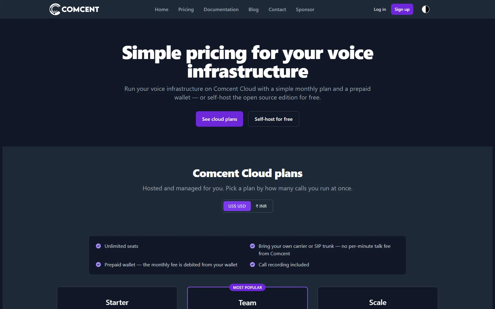 Comcent pricing page