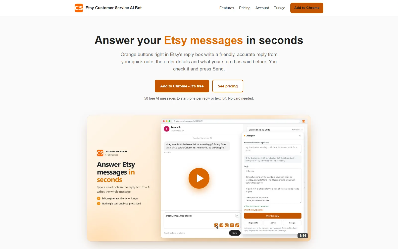 Customer Service AI for Etsy homepage