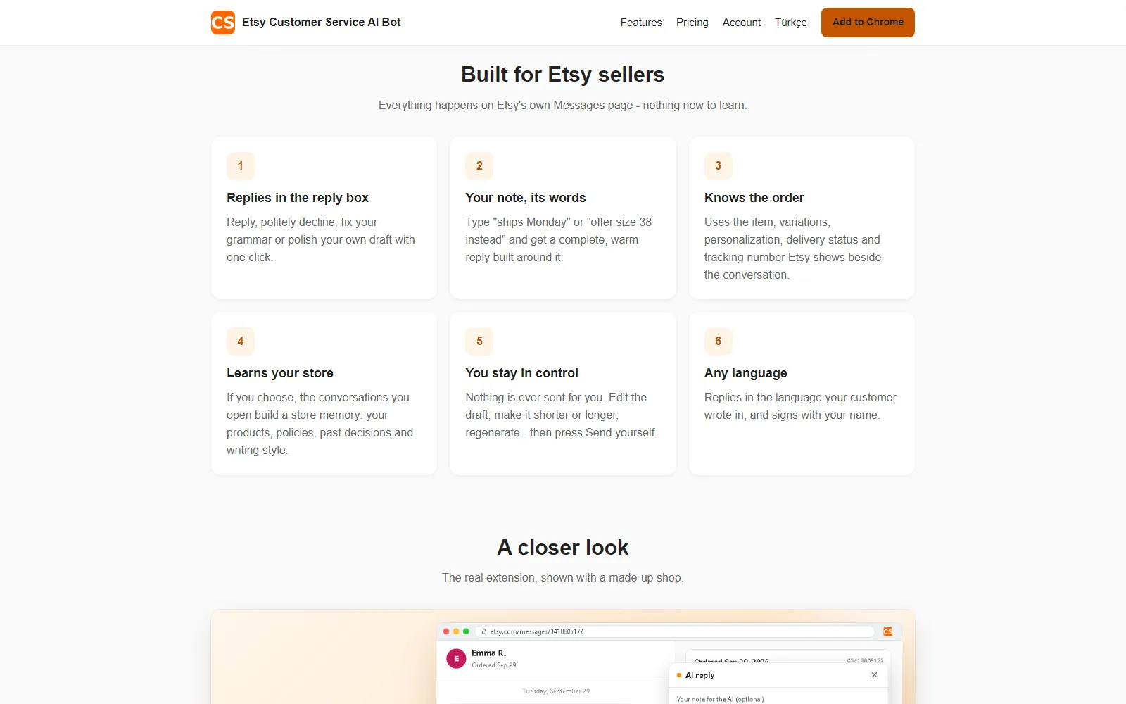 Customer Service AI for Etsy homepage, further down the page