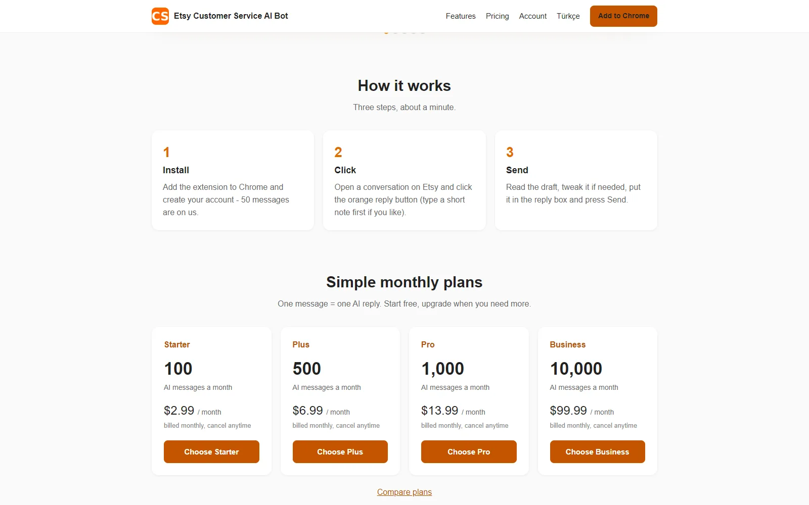 Customer Service AI for Etsy homepage, further down the page