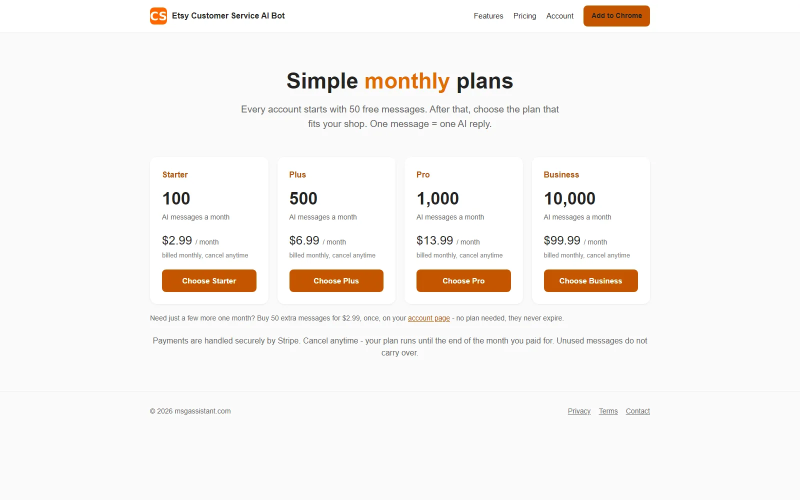 Customer Service AI for Etsy pricing page