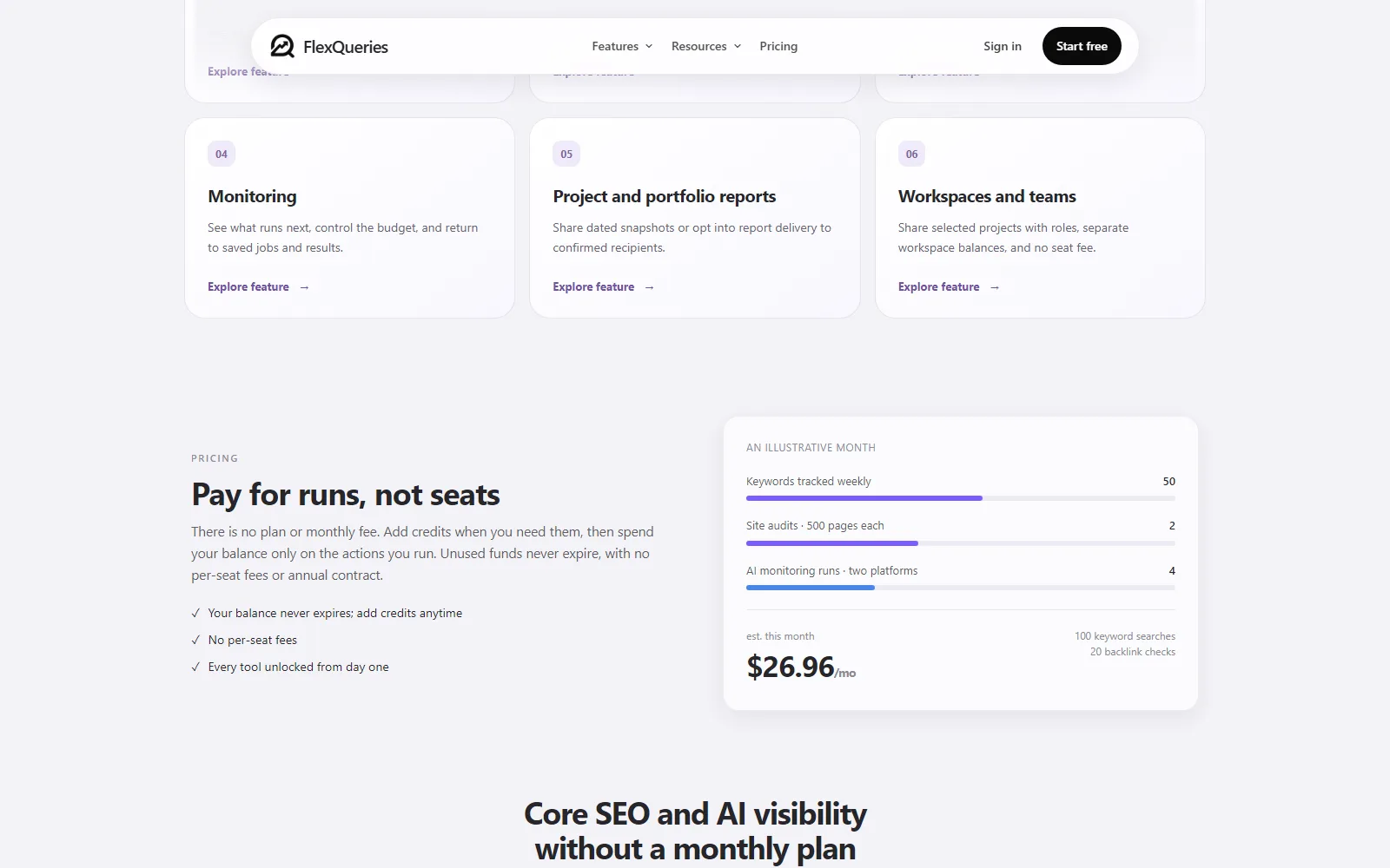 FlexQueries homepage, further down the page