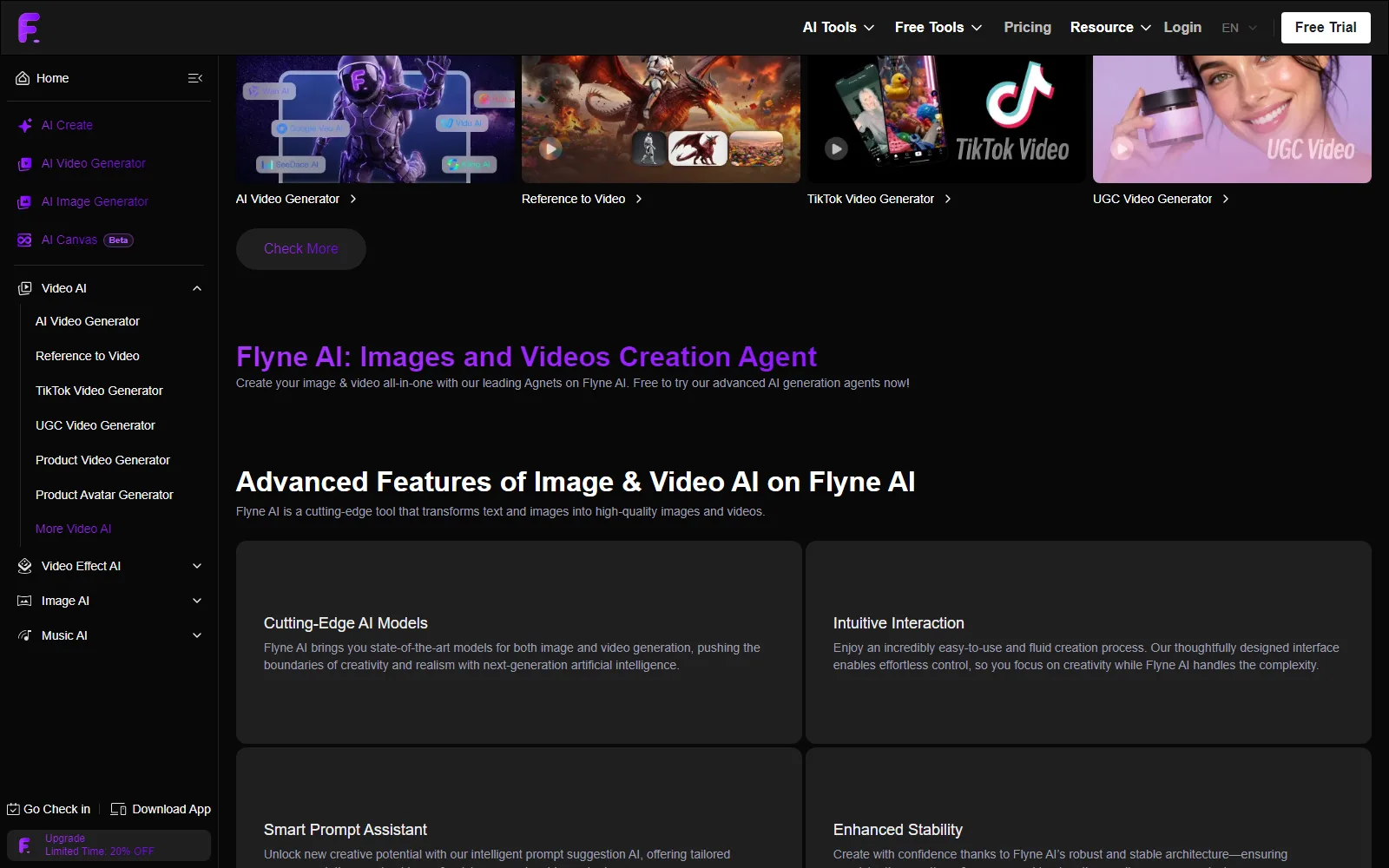 Flyne AI homepage, further down the page