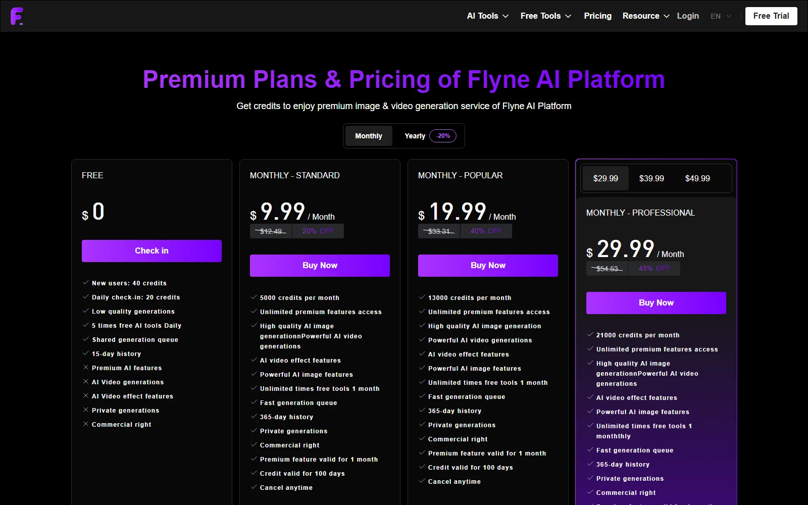 Flyne AI pricing page