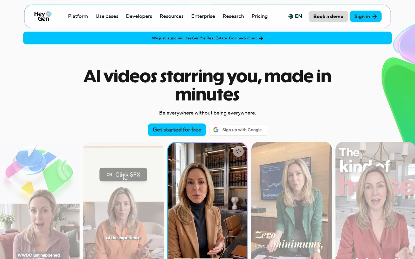 HeyGen homepage with the headline 'AI videos starring you, made in minutes', a Get started for free button and a row of sample videos of one presenter in different settings