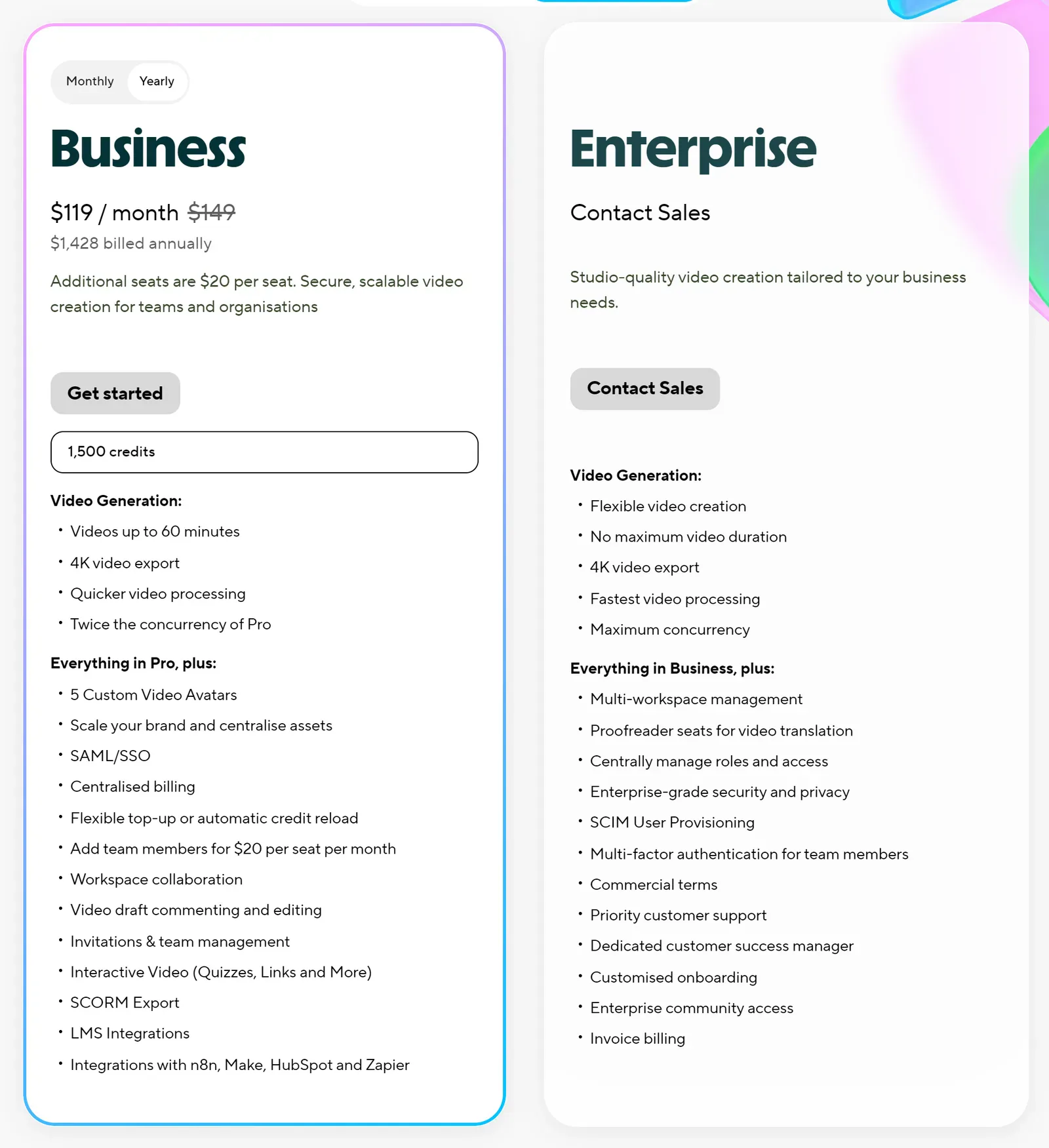 HeyGen Business plan on yearly billing at $119 a month billed $1,428 a year with $149 struck through, listing 1,500 credits, SAML/SSO and SCORM export, next to an Enterprise card marked Contact Sales