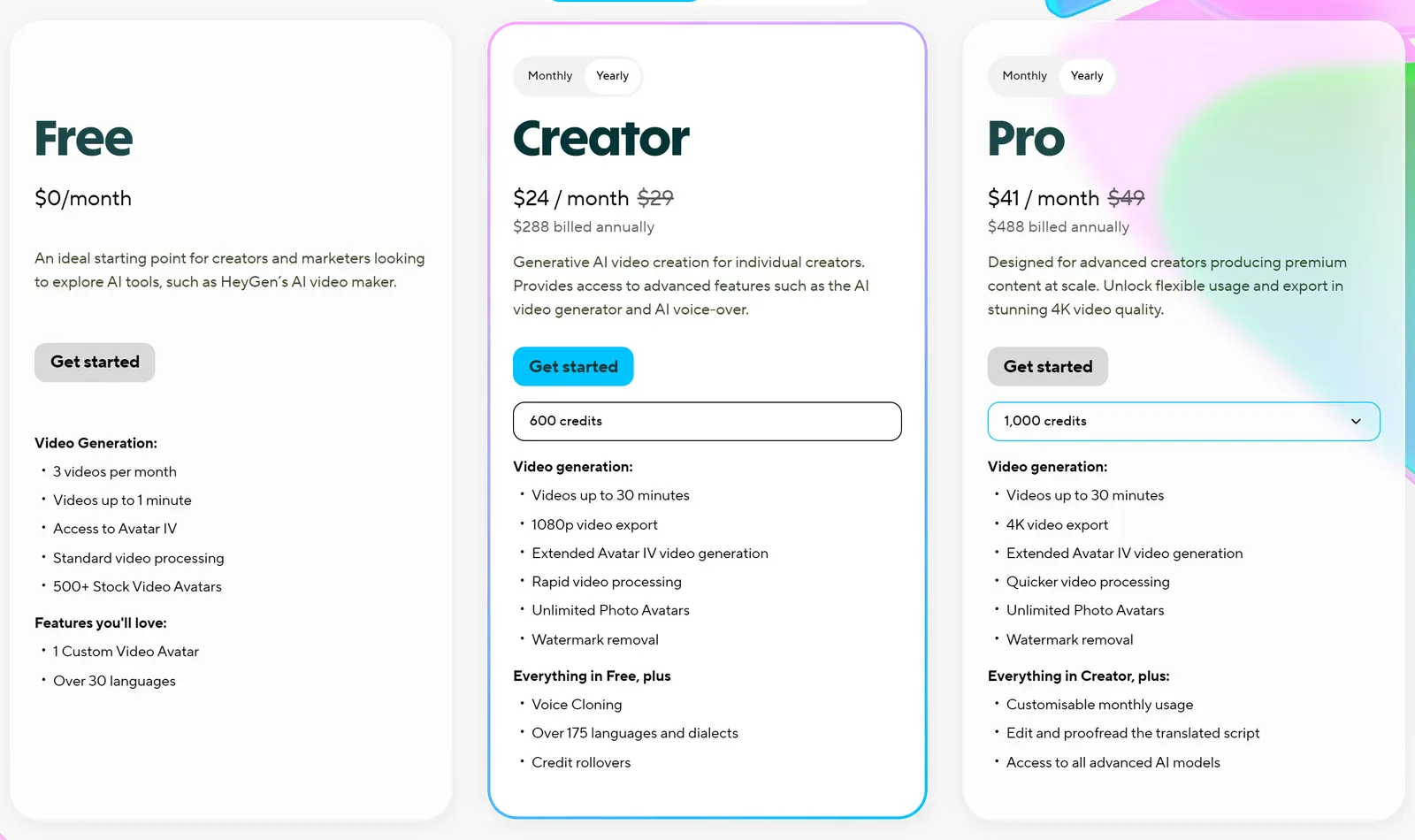 HeyGen individual plan cards on yearly billing: Free at $0, Creator at $24 a month billed $288 a year and Pro at $41 a month billed $488 a year, with the monthly prices of $29 and $49 struck through