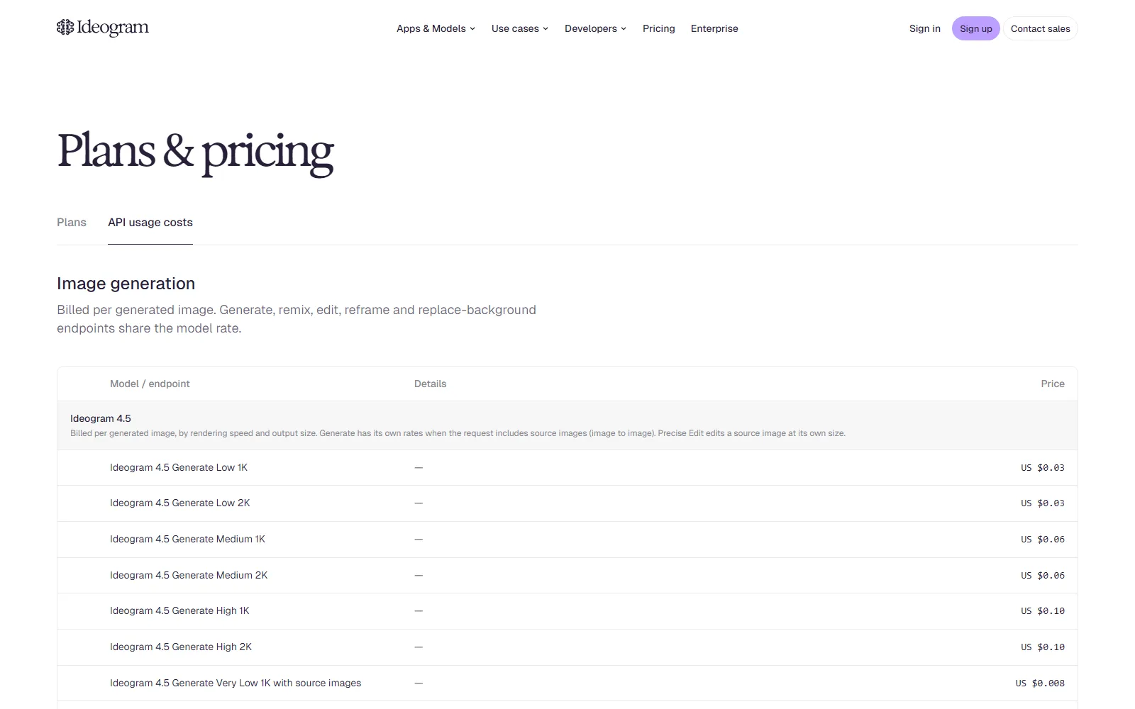 Ideogram pricing page