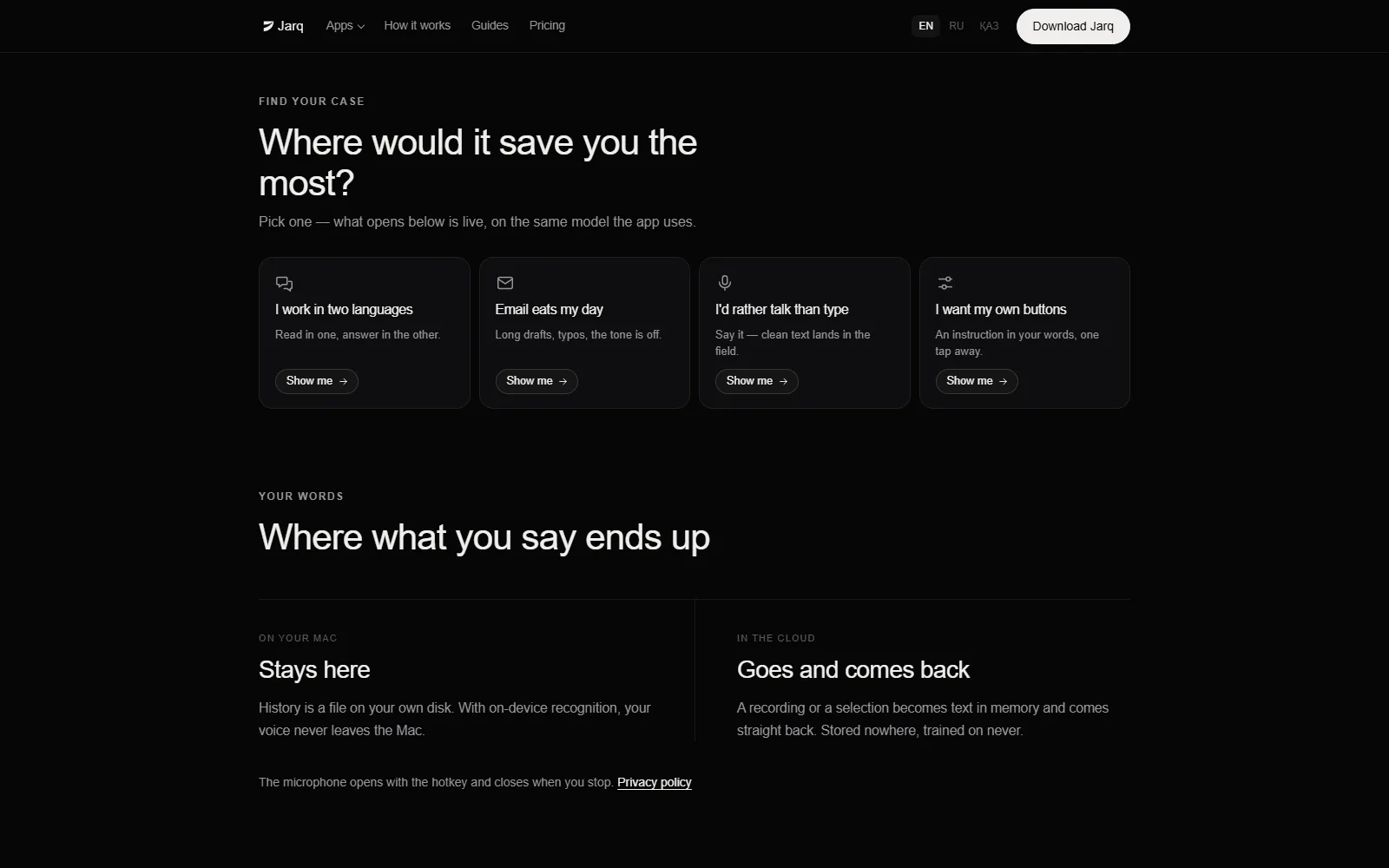 Jarq homepage, further down the page