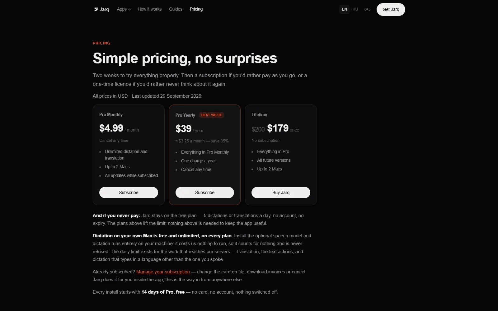 Jarq pricing page