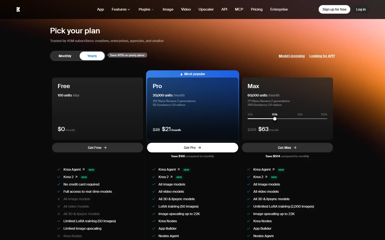Krea AI pricing page