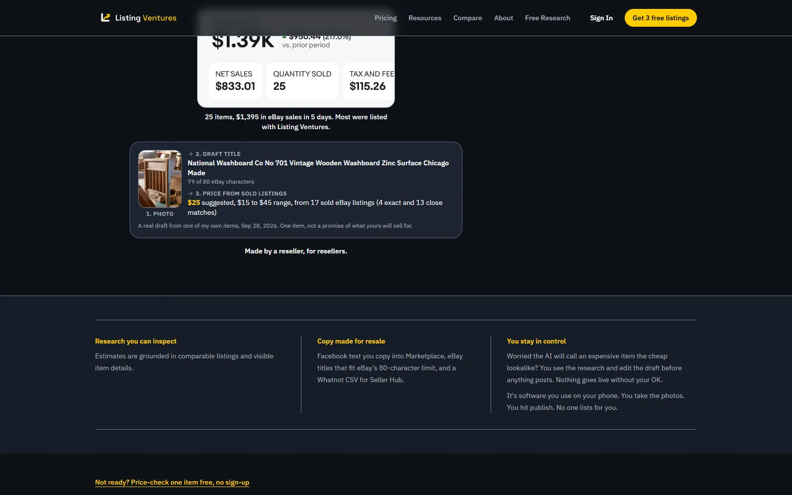 Listing Ventures AI homepage, further down the page