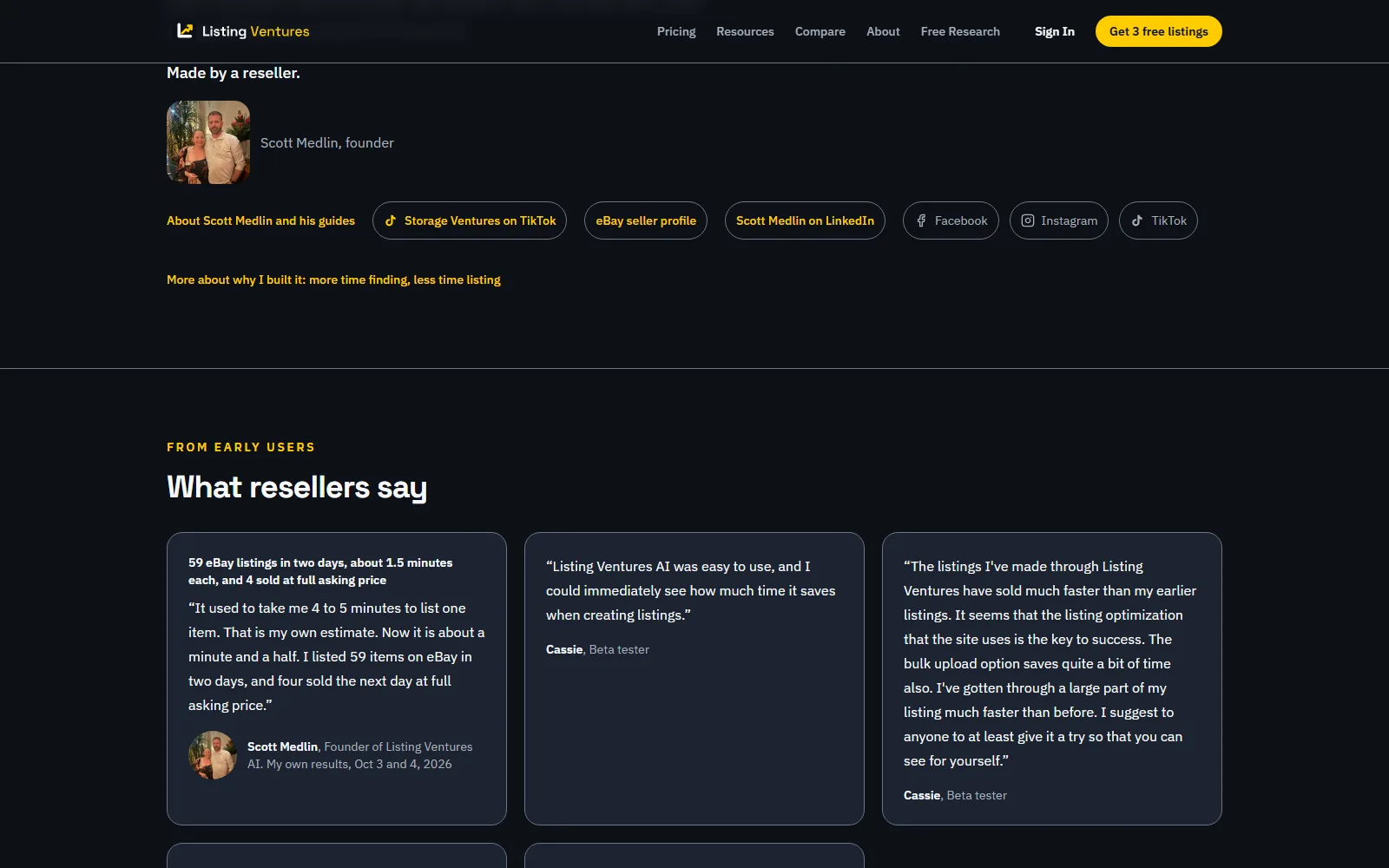 Listing Ventures AI homepage, further down the page