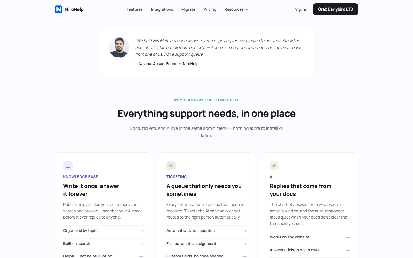 NiroHelp homepage, further down the page