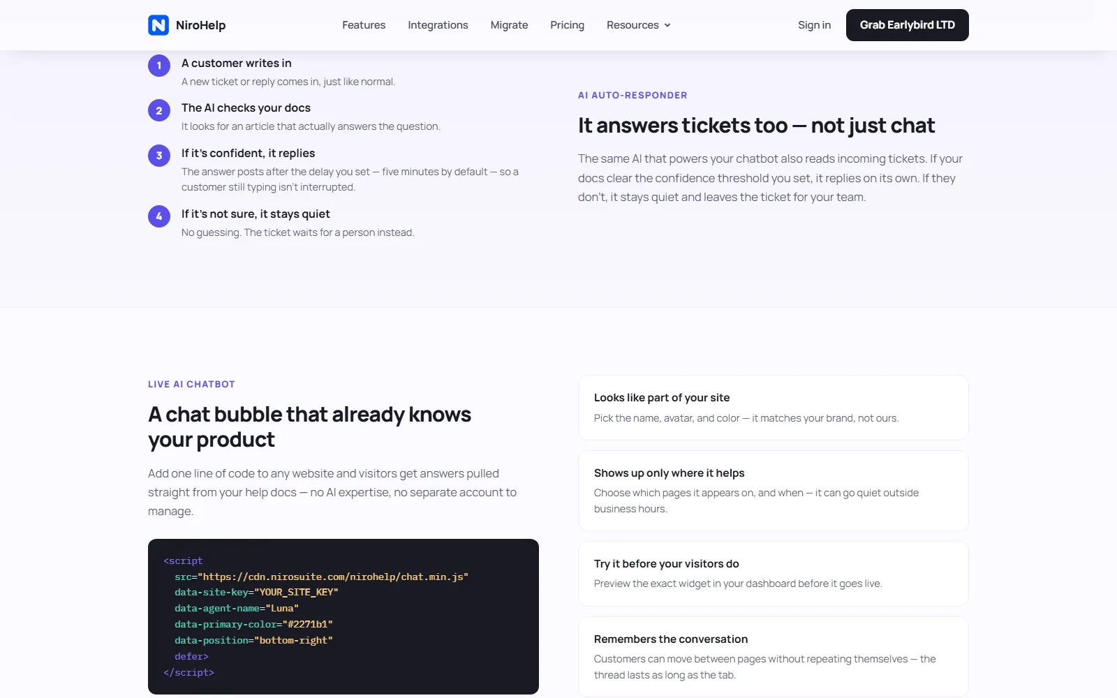 NiroHelp homepage, further down the page