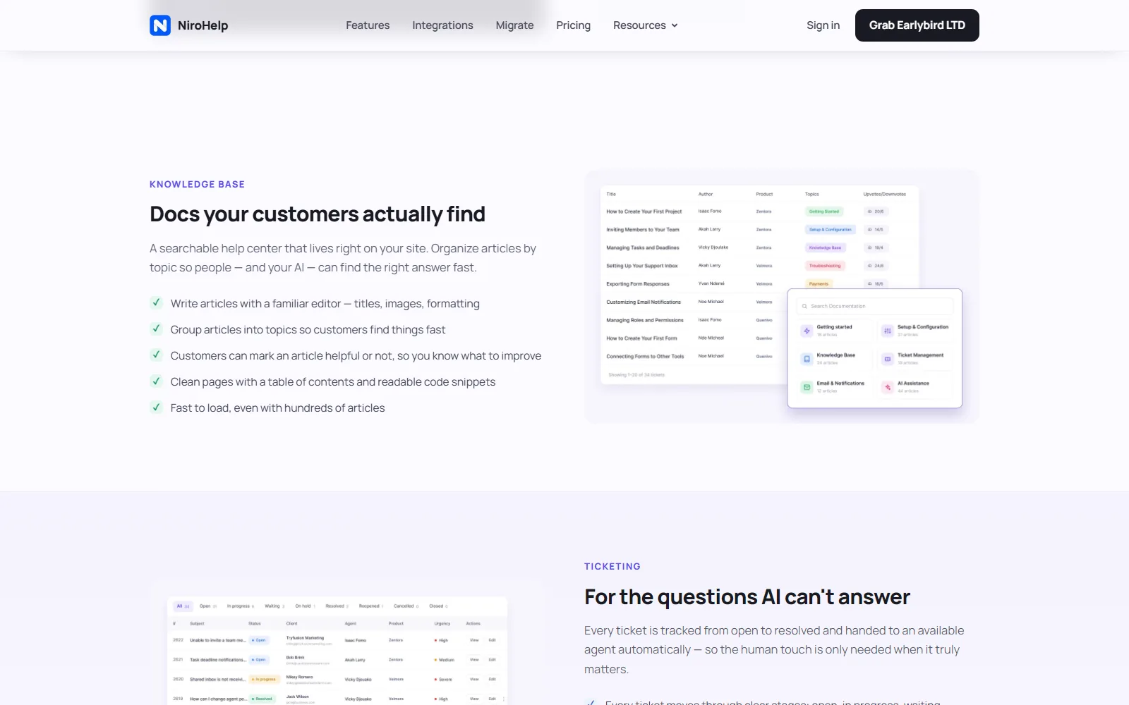 NiroHelp homepage, further down the page