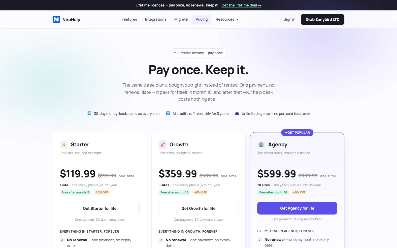 NiroHelp pricing page