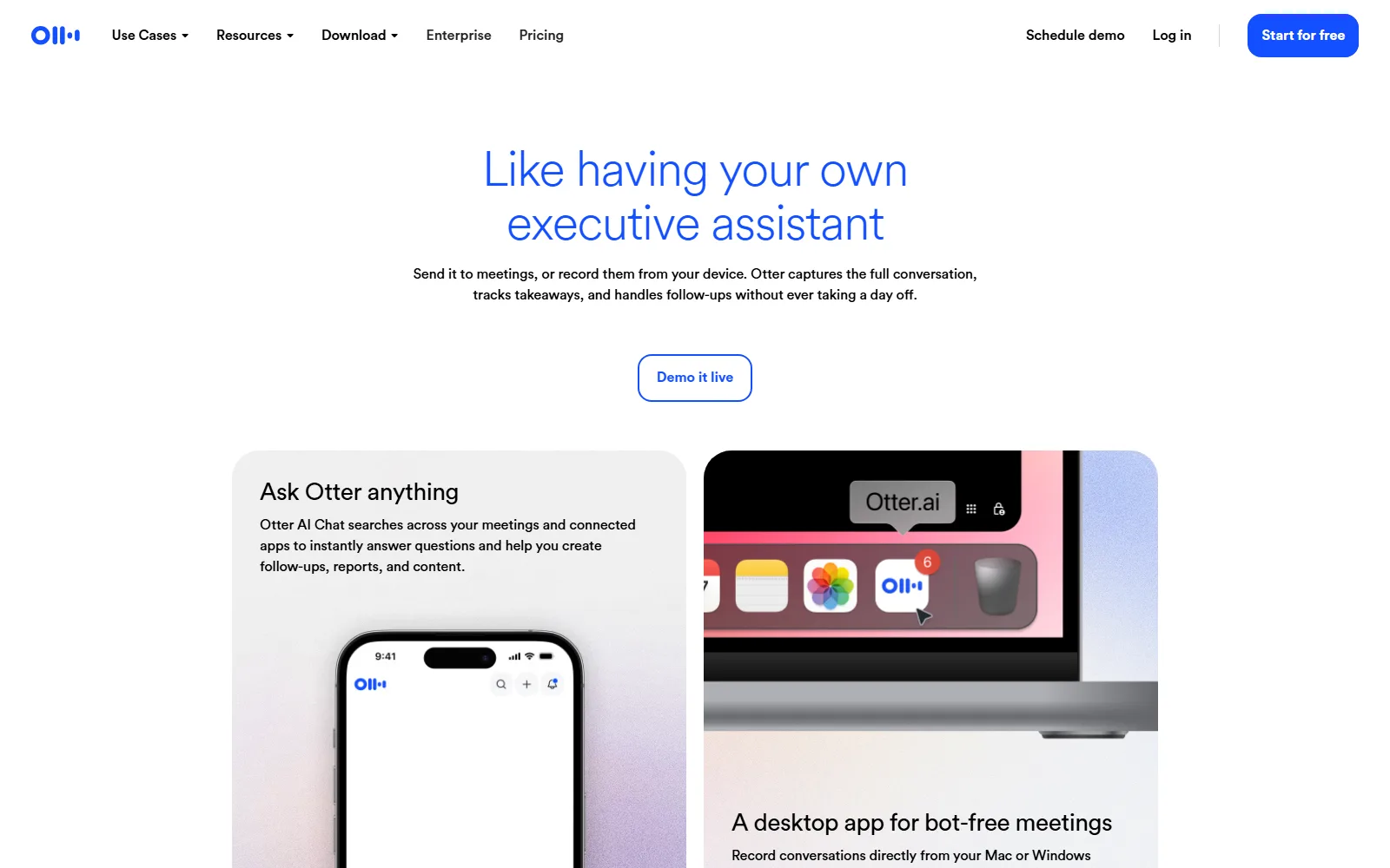 Otter.ai homepage, further down the page