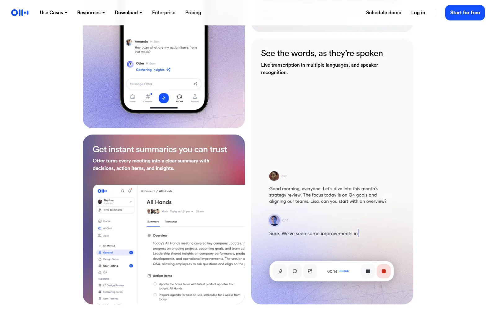 Otter.ai homepage, further down the page