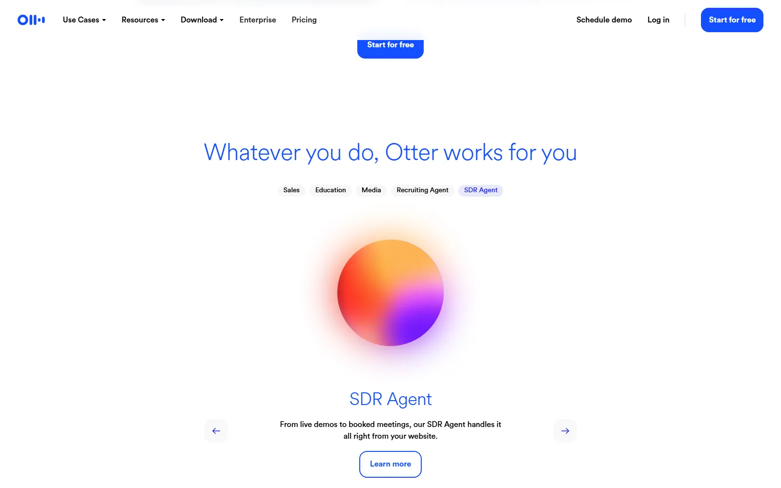 Otter.ai homepage, further down the page