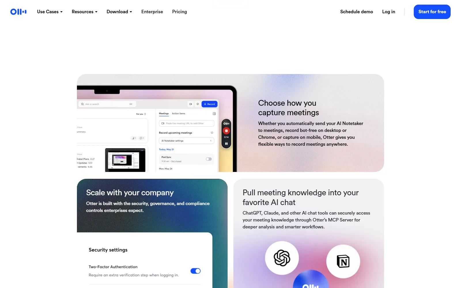 Otter.ai homepage, further down the page