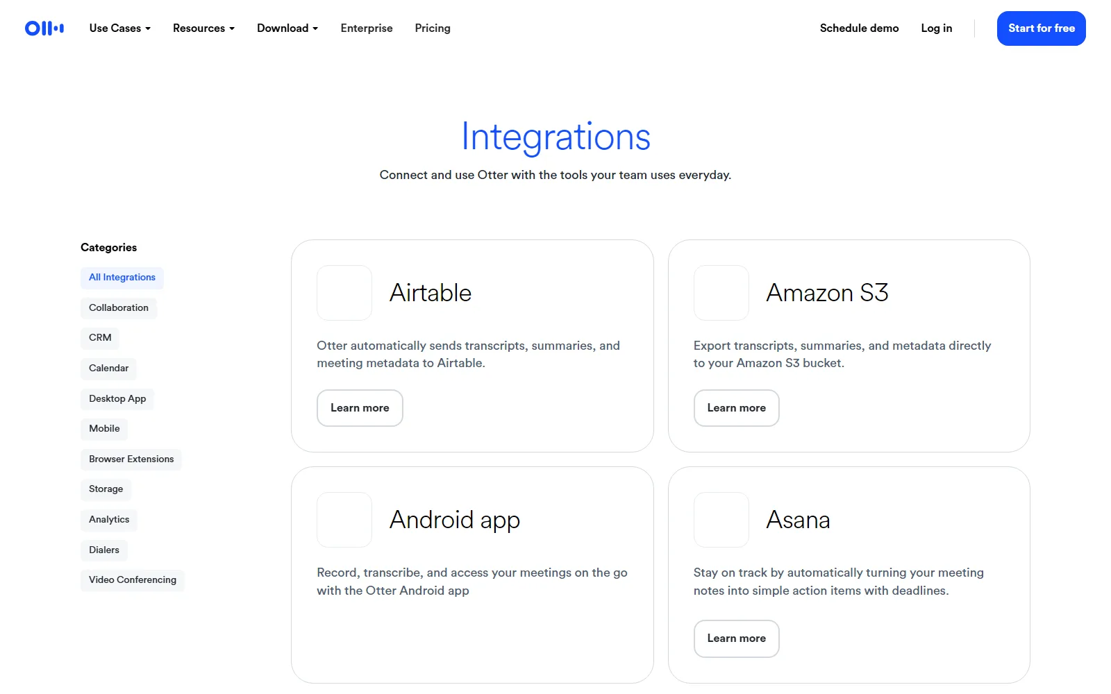 Otter.ai integrations page