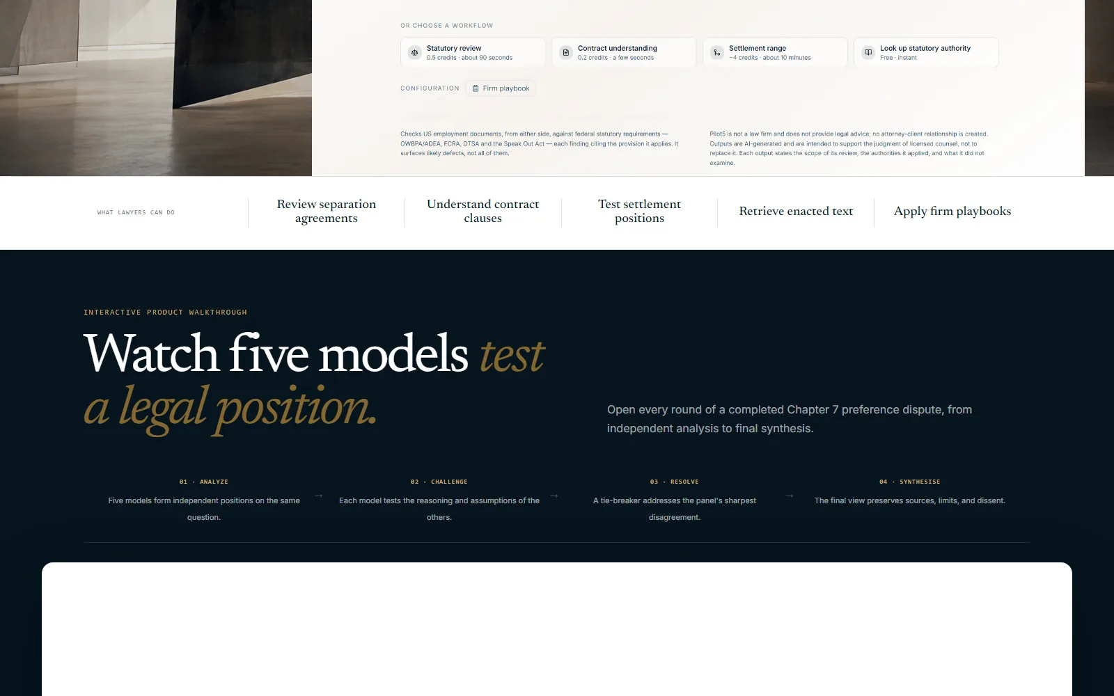Pilot5 Legal homepage, further down the page