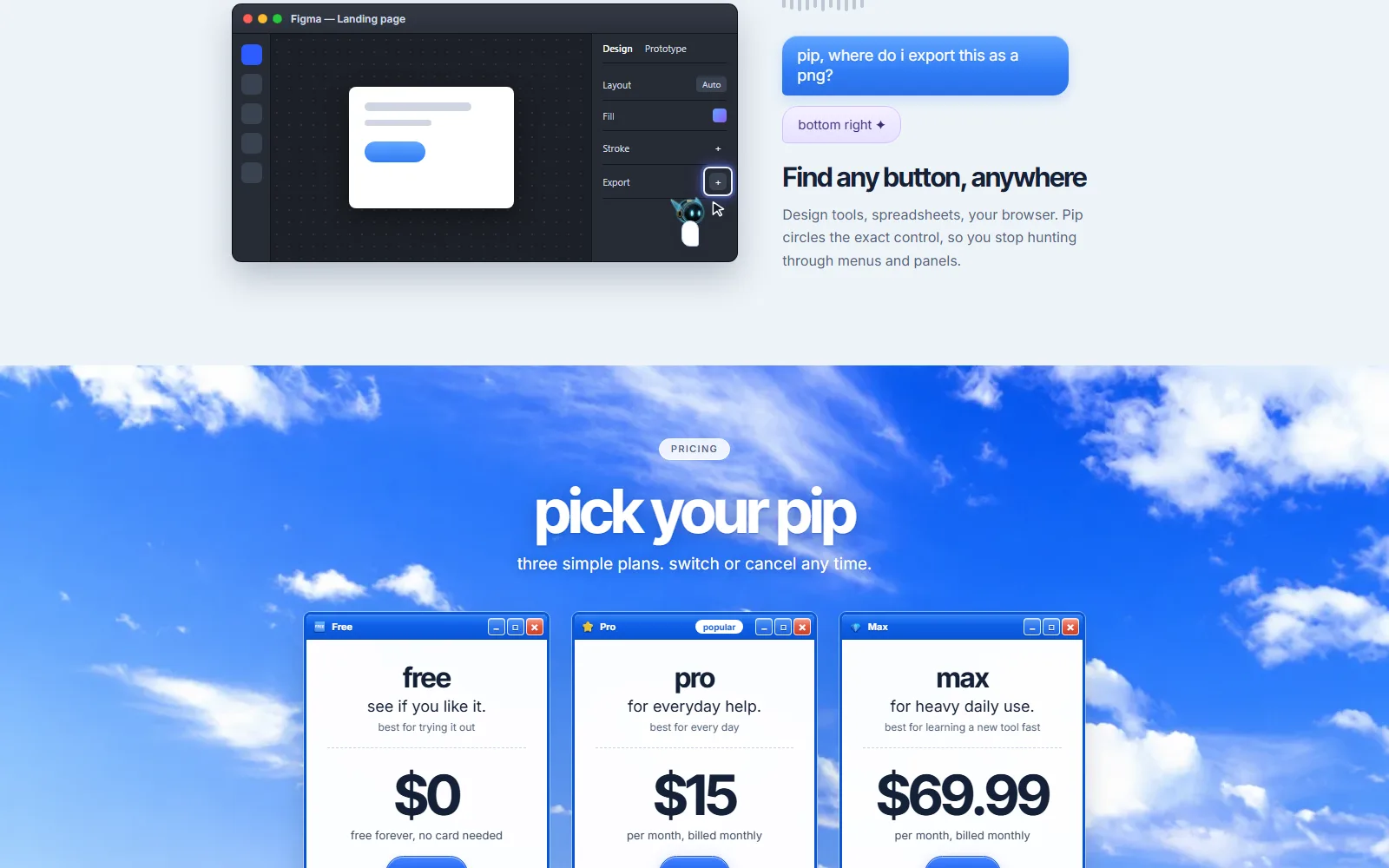 Pip homepage, further down the page