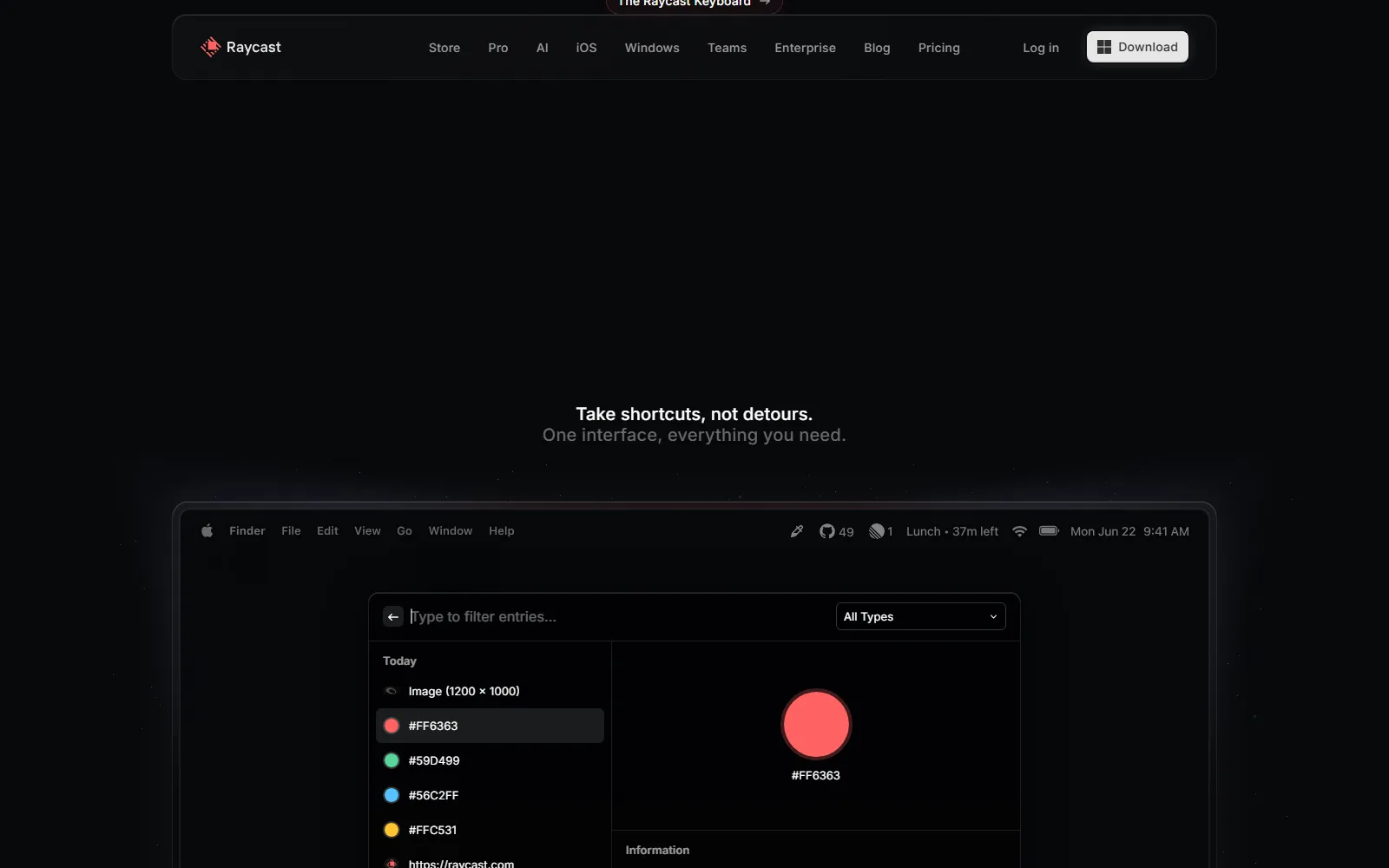 Raycast homepage, further down the page