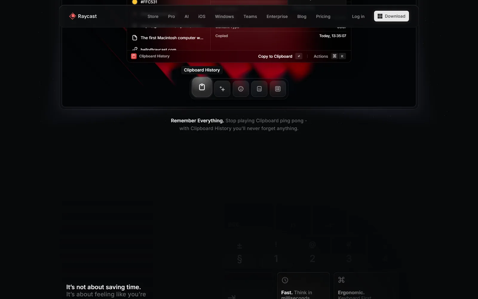 Raycast homepage, further down the page