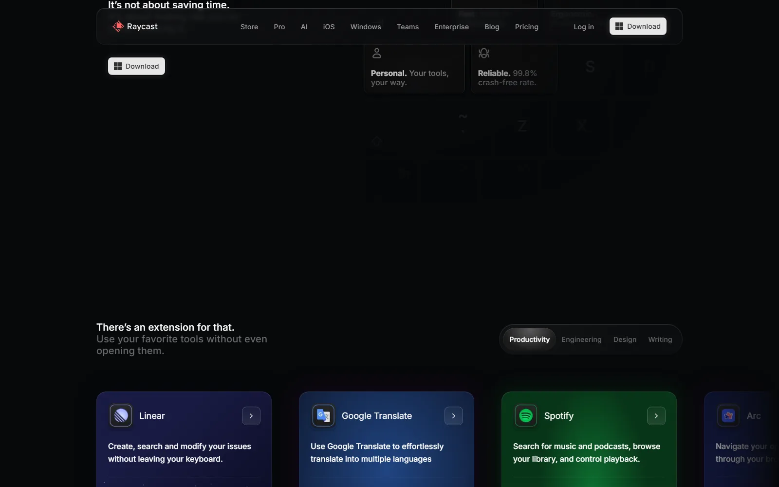 Raycast homepage, further down the page