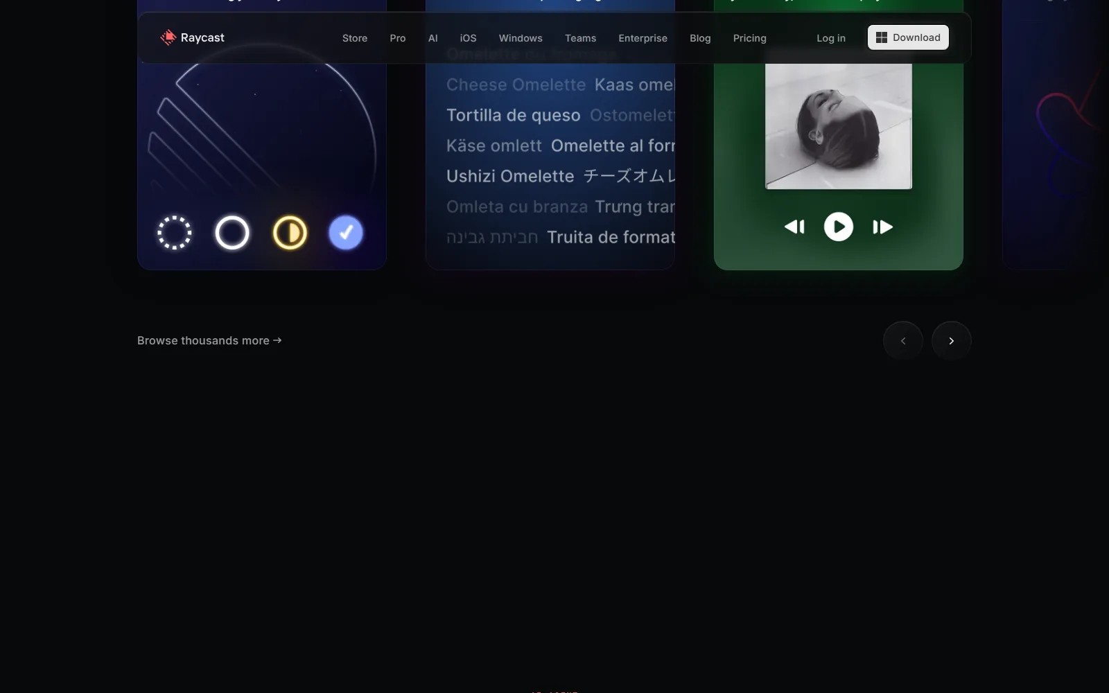 Raycast homepage, further down the page