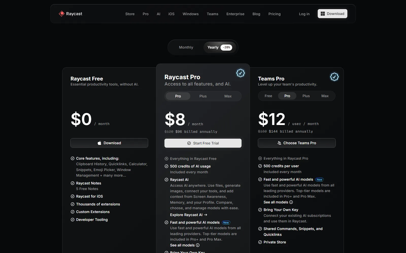 Raycast pricing page