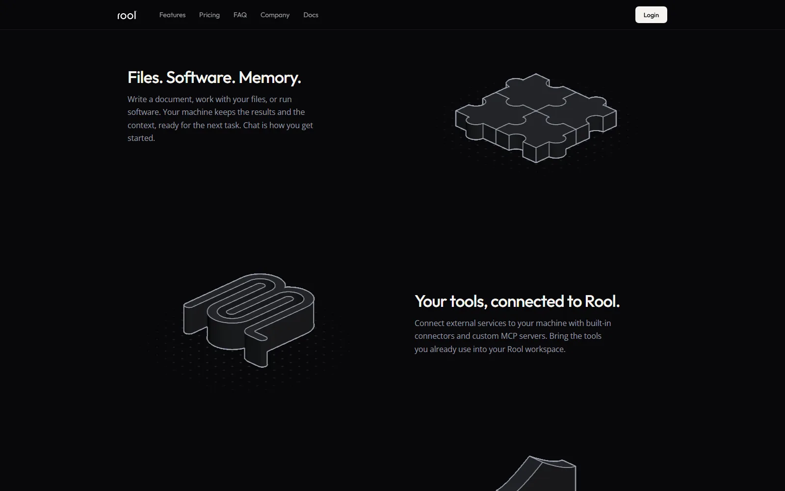 Rool homepage, further down the page