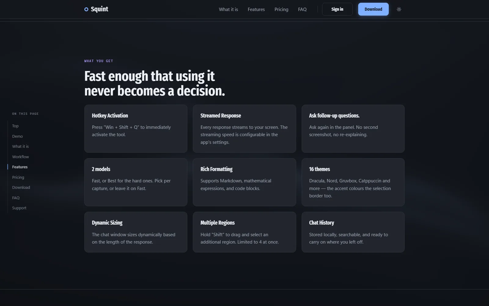 Squint features page
