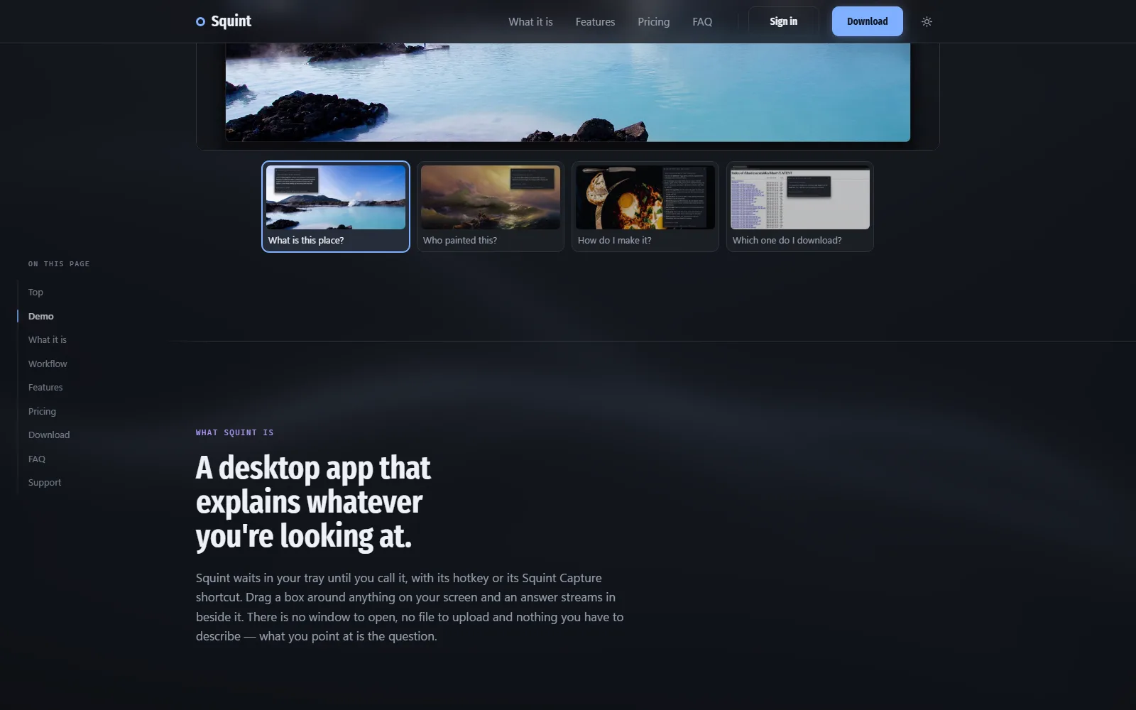Squint homepage, further down the page