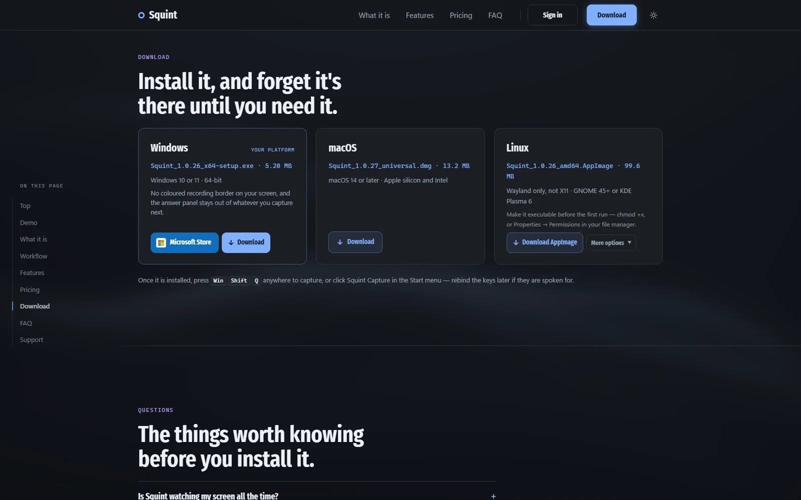 Squint homepage, further down the page