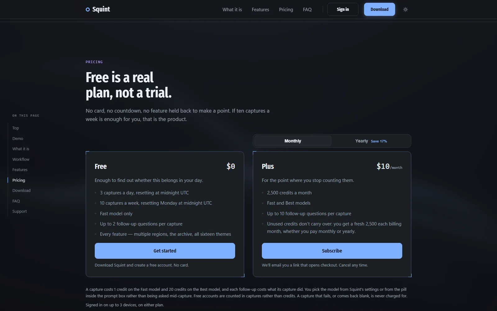 Squint pricing page