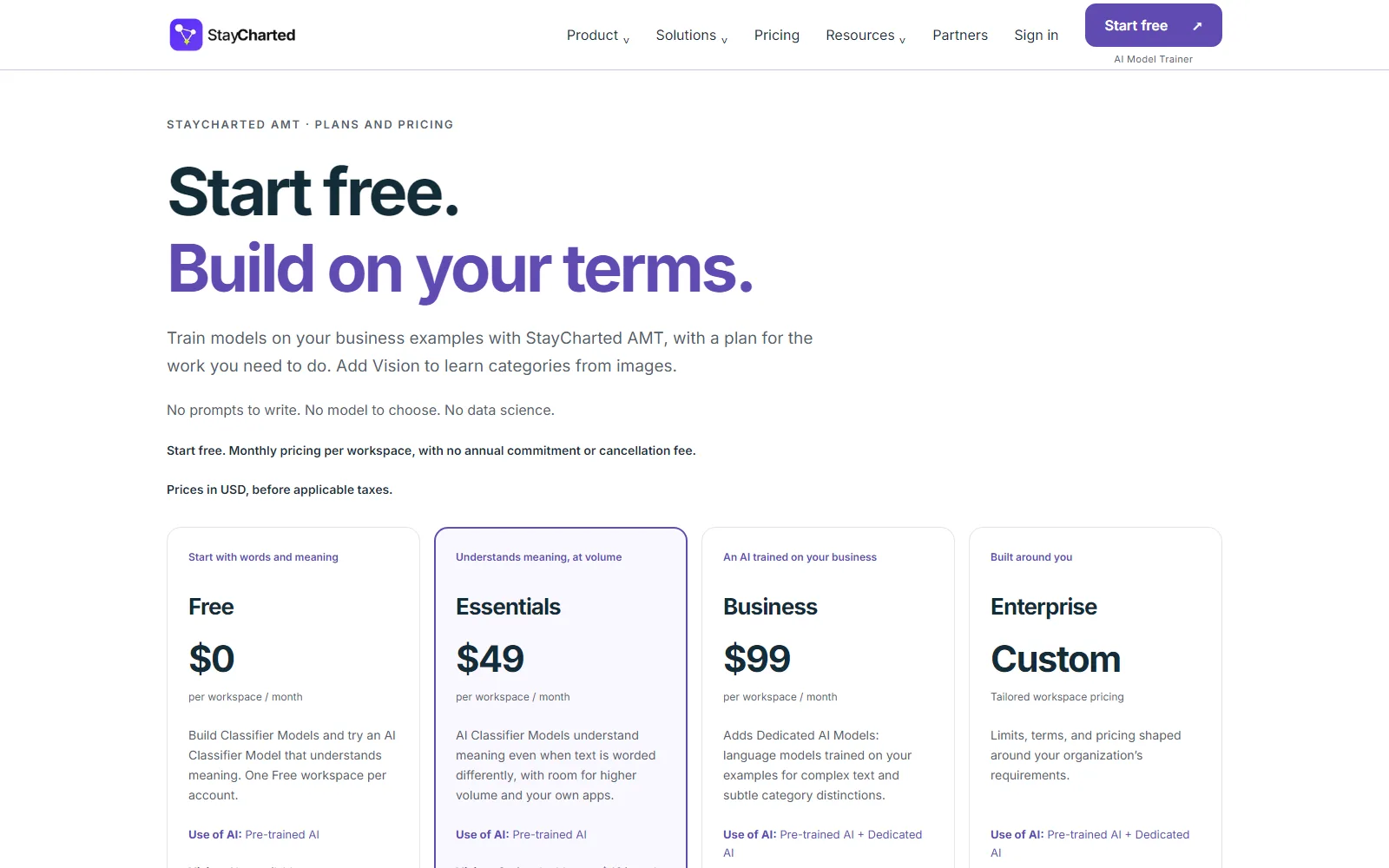 StayCharted pricing page