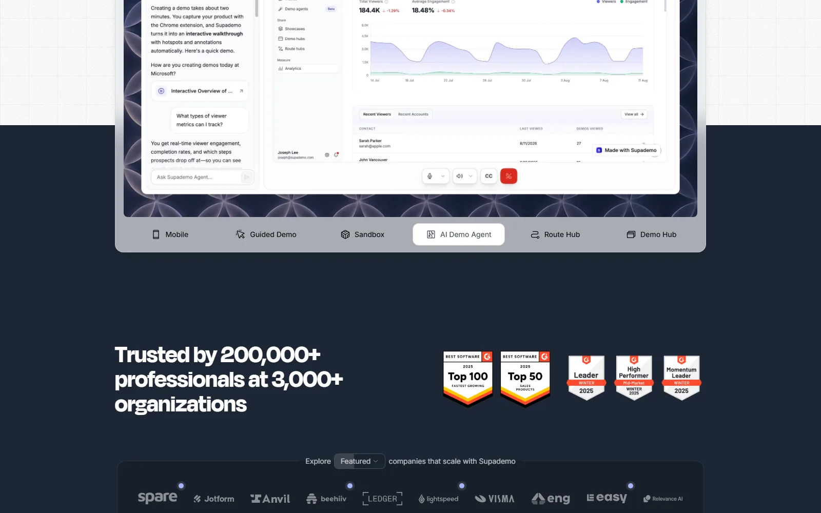 Supademo homepage, further down the page