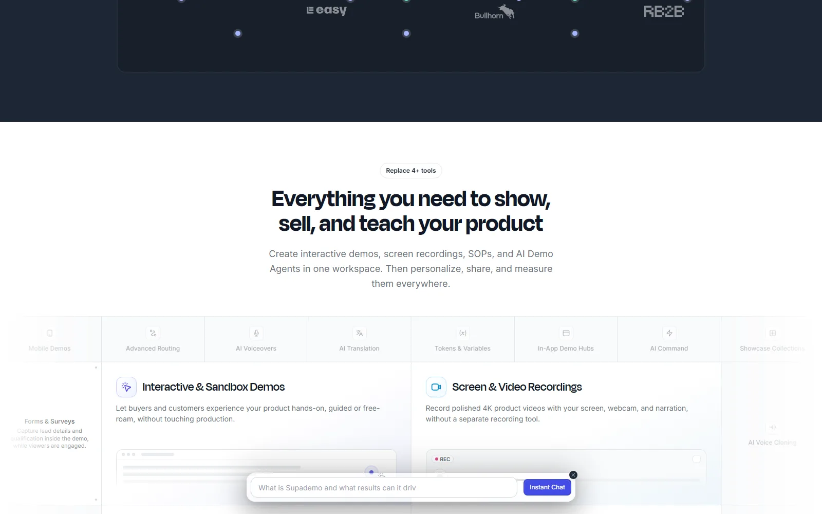 Supademo homepage, further down the page